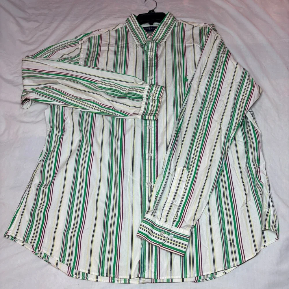 Ralph Lauren Custom Fit Striped Button Down Shirt 18 XXL Green Purple‎ White